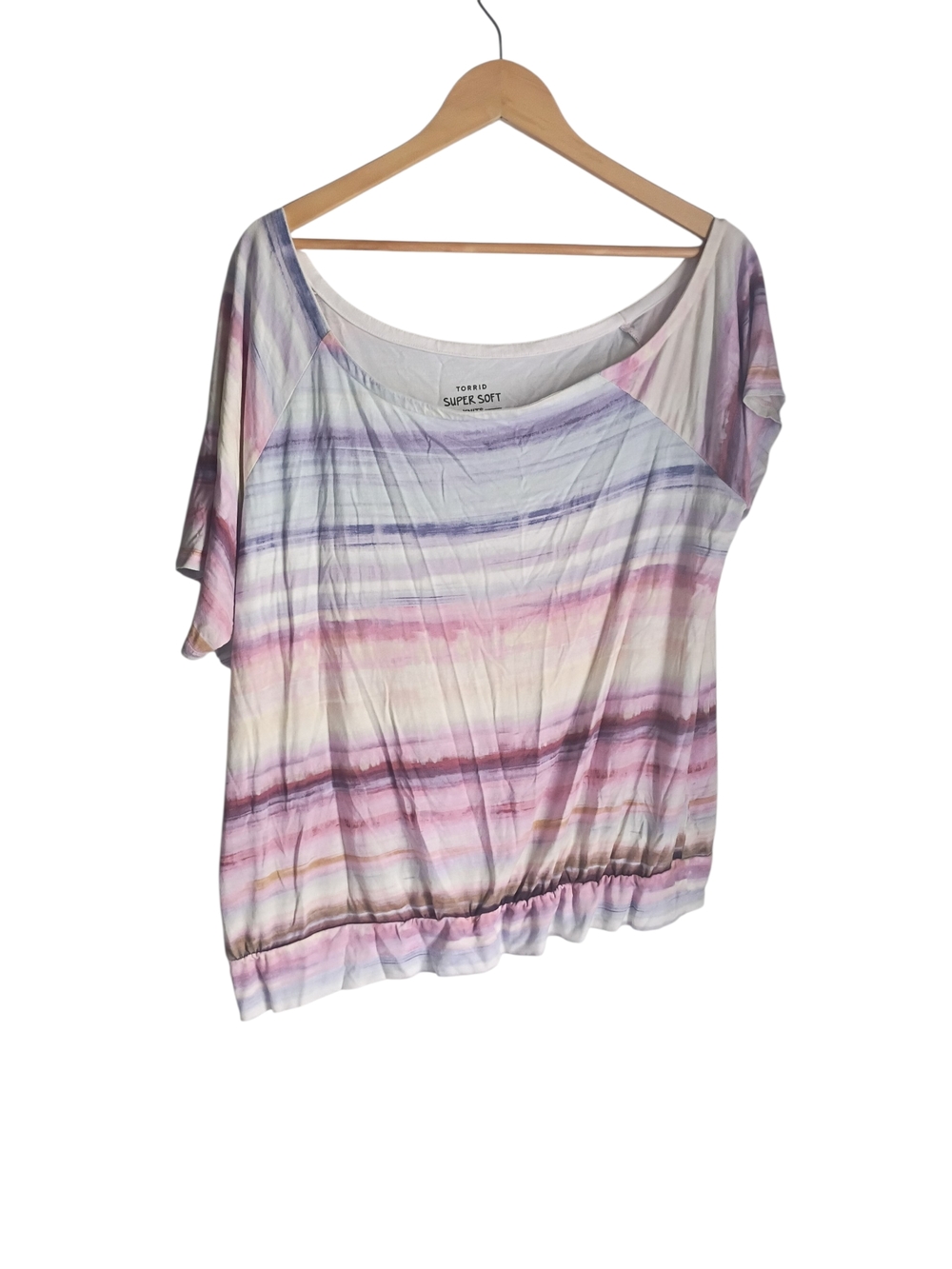 Torrid Asymmetrical Pastel Striped Boatneck Top - Pink, Purple, Cream Size 1X - Picture 4 of 5